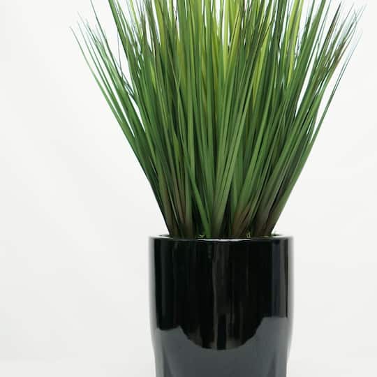 House of Silk Flowers 30" Faux Ornamental Onion Grass in Glossy Black Tripod Ceramic Pot